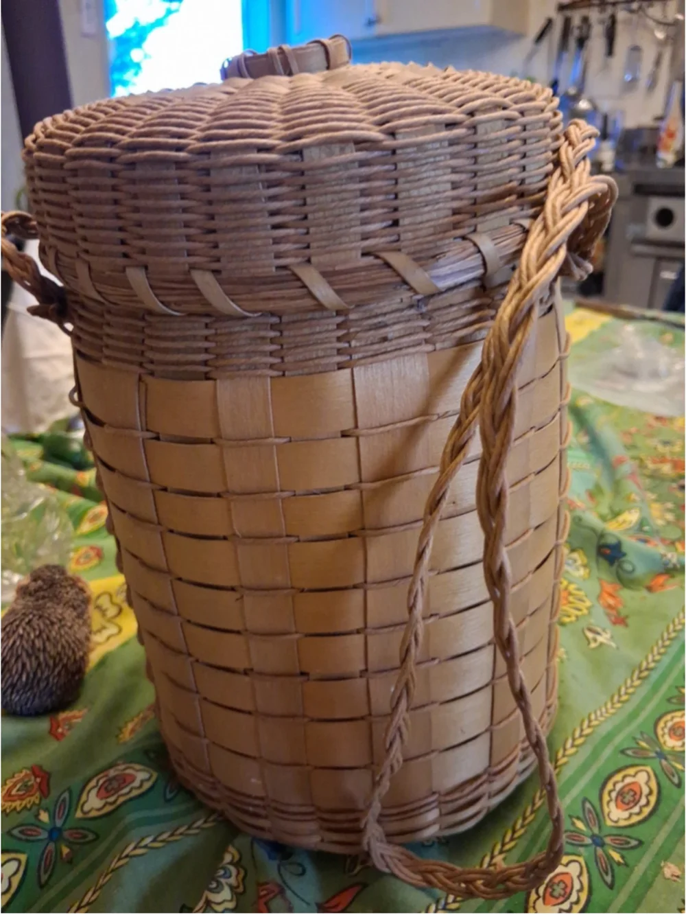 Ash splint and braided sweet grass yarn basket w braided handles New England